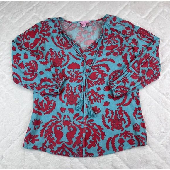 Lilly Pulitzer Women's (XS) Etta V-Neck Tunic w/ Tassels Long Sleeve Blouse - Picture 2 of 7